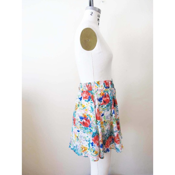 Vintage 90s Floral High Waist Shorts S M - 1990s Skort Mini Skirt Elastic Waist - Picture 3 of 7
